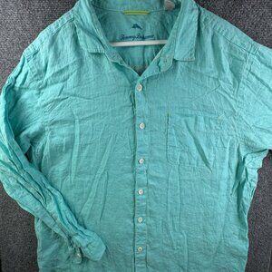 Tommy Bahama XL All Linen Button Up Shirt Long Sleeve Men Light Blue Beach Adult